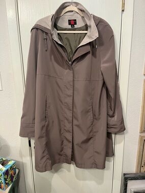 Womens GALLERY Mid-length Hooded Raincoat Trench Jacket Khaki Beige Large
